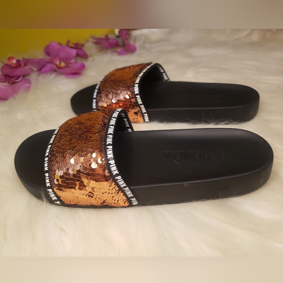 💞PINK Victoria’s Secret Rose Gold Bling Sequins Slides LARGE - Picture 4 of 8